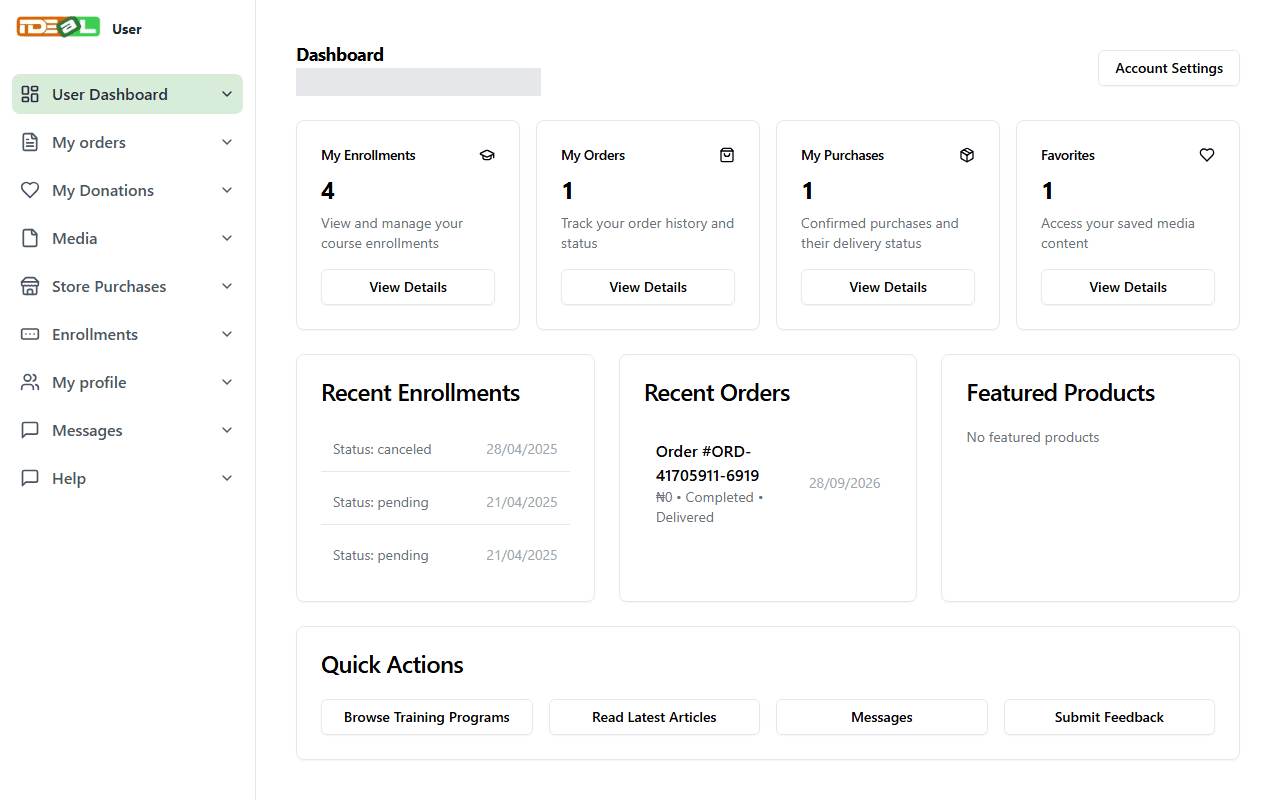 Your dashboard (personal details hidden)