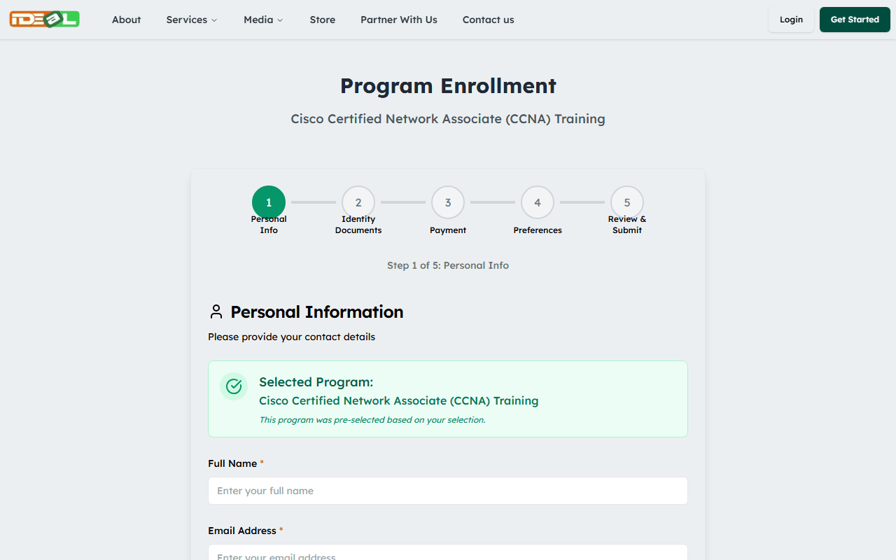 The enrollment form shows each step at the top