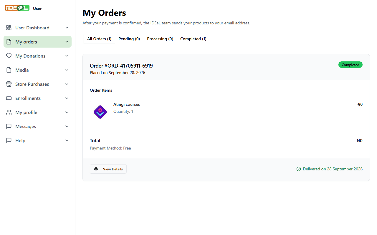 My Orders shows payment and delivery status